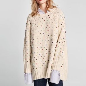 Zara White Oversized Beaded Pullover Sweater Sm